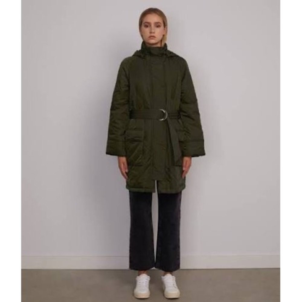 Matt & Nat Zuri Olive Green Quilted Puffer Coat Belt Hooded Mid-Length Jacket M